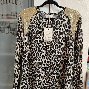 Animal Print Blouse with Gold Sequin Shoulders